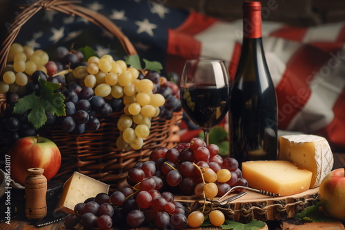 Wine, grapes, baskets and cheese. Independence Day picnic concept