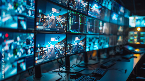 A security monitoring station with multiple screens displaying synchronized footage from CCTV cameras, enabling seamless coordination and response to security incidents. 8K. - photo