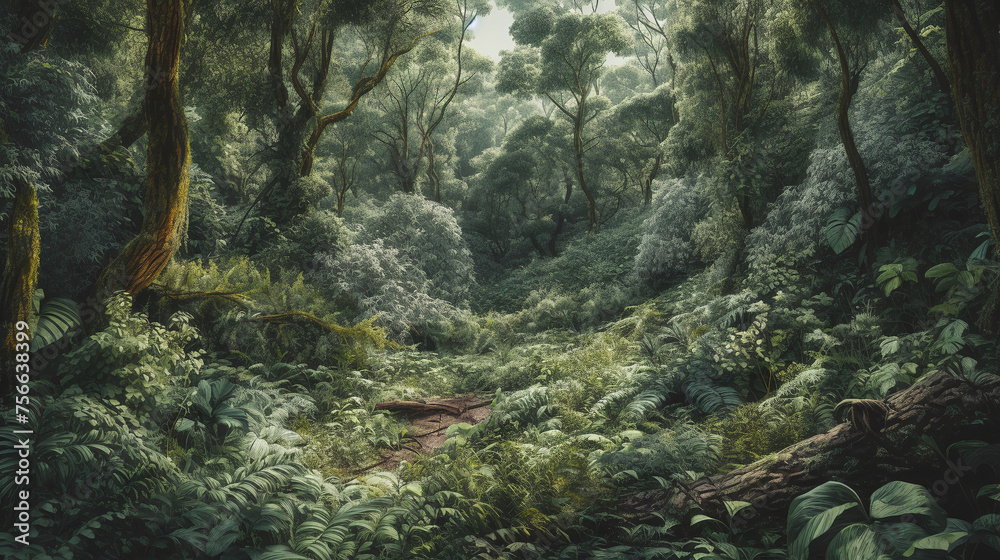 Lush mysterious verdant forest. - obrazy, fototapety, plakaty 