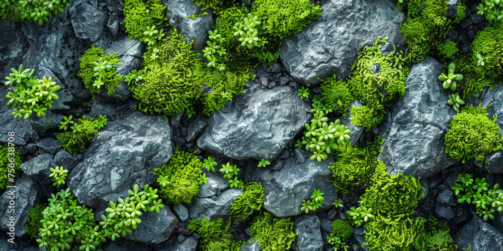 Bright green moss clings to rugged stones, creating a textured mosaic of life in a serene rocky landscape.