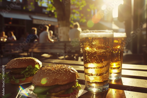 Two glasses of beer and burgers on the table at a street bar. Summer vacation concept, sunset. With copy space