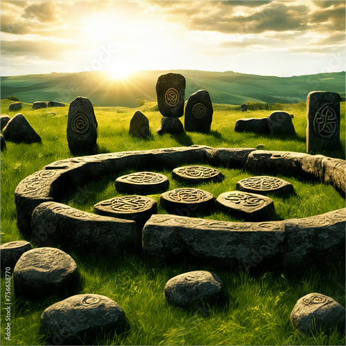 Megalith stones with Celtic symbols on the field. photo