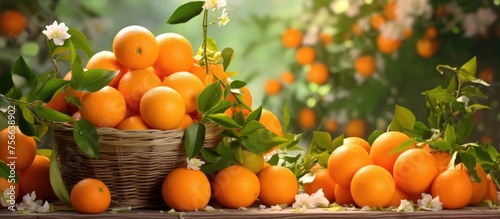 A variety of oranges including Valencia, Clementine, and Rangpur are placed on a table next to a basket of oranges, showcasing an array of natural foods