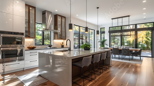 Modern kitchen design with sleek furnishings and wooden flooring