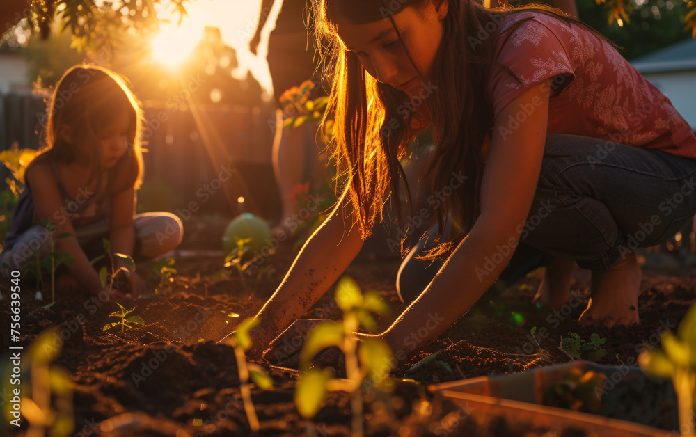 Children working and taking care of plants in the backyard garden in the sunlight at sunset