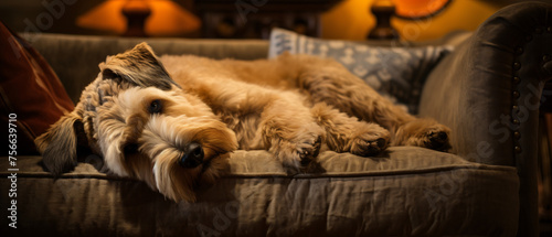 Adorable fluffy wheaten terrier dog relaxing on the co