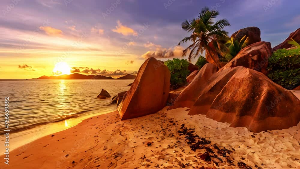 Romantic shoreline near shaped granite stones of Anse Source d'Argent with sunset sky. Seychelles honeymoon. Sunlight over the sea on the horizon in La Digue, Seychelles.