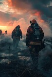 Firefighters in action. Creative background. Fearless firefighters, our everyday heroes.