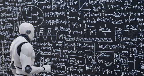 Human-like robot thinking out loud. Smart android person solving scientific problem writing formulas on chalkboard focused on studies. Future and knowledge concept.