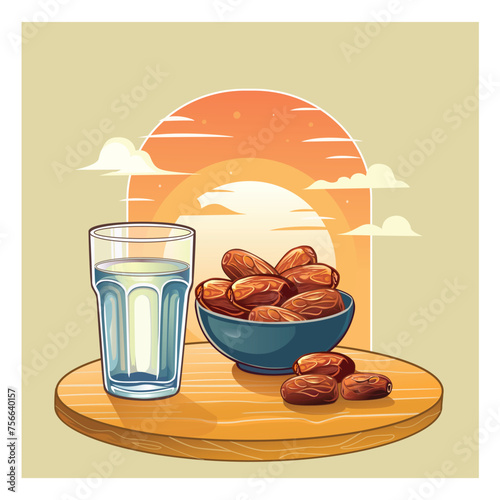Group of dates fruits on a bowl with a glass of water, home window and sunset view at the background, iftar food or break the fast illustration