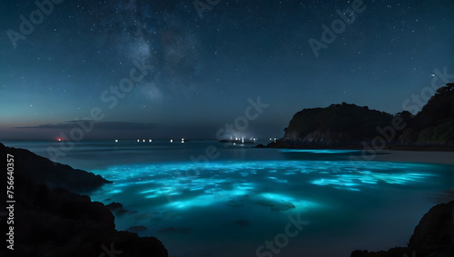 Conjure the magic of a bioluminescent bay at night, where the water glows with an ethereal blue light