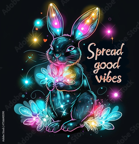 cute, happy bunny surrounded glowing colored lights holding lots of pretty flowers