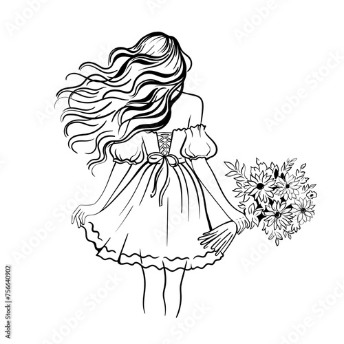 Woman girl with a bouquet of flowers, rear view, feeling of self-love, harmony, positive emotions. Happy calm peaceful girl in a summer dress with long hair. Concept of beauty, femininity. Flat vector