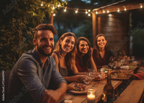 Young people dining and having fun drinking red wine together outdoor at  dinner party