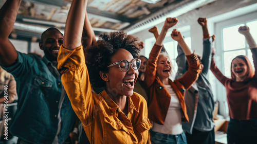 Group of people are celebrating in an office environment, with one woman in the center laughing and raising her arms in joy, surrounded by her colleagues who are also expressing happiness. © MP Studio