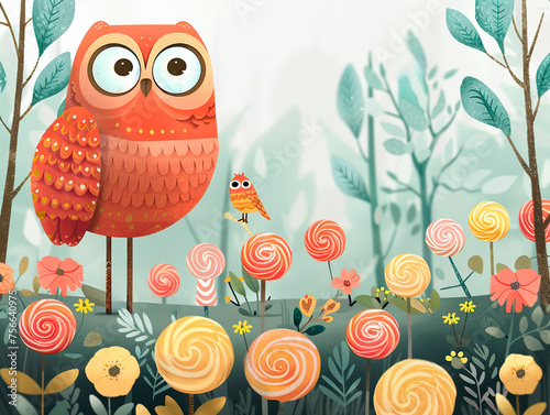 Illustrate a minimalist lollipop forest clearing where candy critters gather to listen to tales spun by a wise old chocolate owl.graphic design