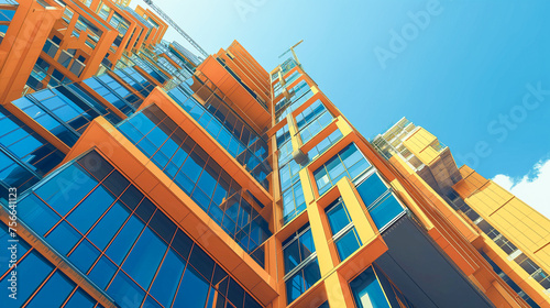 High rise building construction in blue and gold tones. Skyscrapers with wide windows are rised under blue sky above