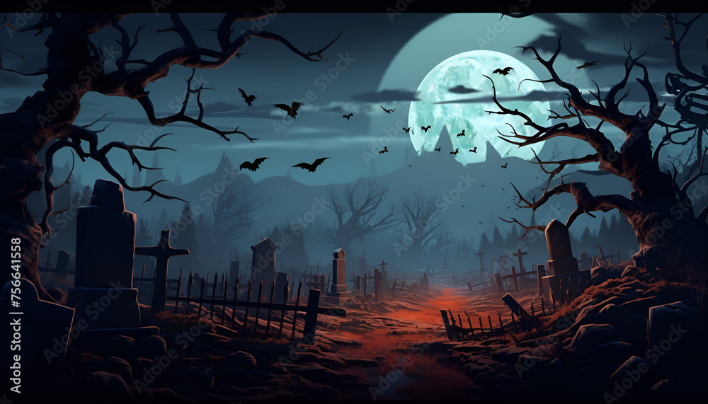 graveyard silhouette Halloween Abstract Background. Halloween spooky night graveyard scene with bats and moon background

