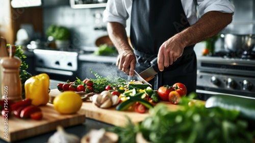 A gourmet kitchen scene, chef preparing a meal, fresh ingredients on the counter, modern appliances, representing culinary art and lifestyle. Resplendent.