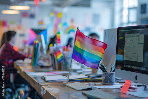 LGBTQ Pride Flag Displayed in Modern Office During Celebration.