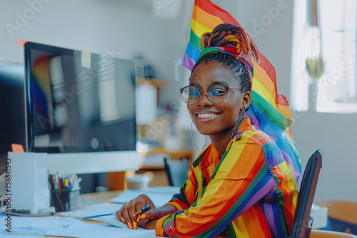 Multiracial young woman celebrating LGBTQ+ Pride at work, with a rainbow flag in the office background.