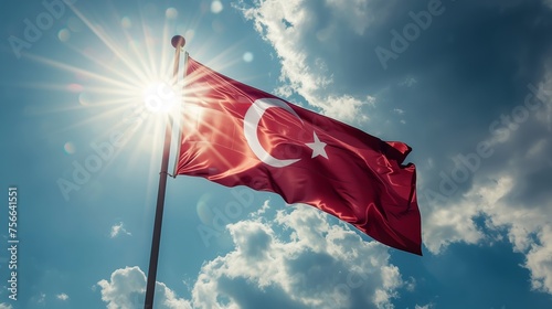 Waving flag of Turkey under sunny blue sky. Turkish national flag of country photo