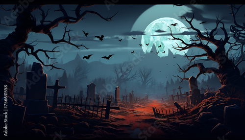 graveyard silhouette Halloween Abstract Background. Halloween spooky night graveyard scene with bats and moon background  