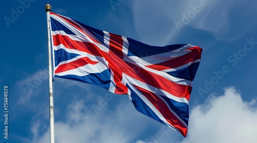 The British flag waving in the wind. UK national flag of country on blue sky background