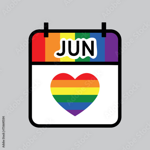 pride month, calendar page icon in LGBT rainbow colors, june 2023 vector design element
