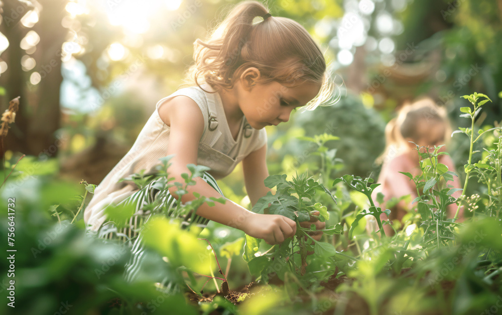 Children working and taking care of plants in the backyard garden, playing and having fun in the sunlight