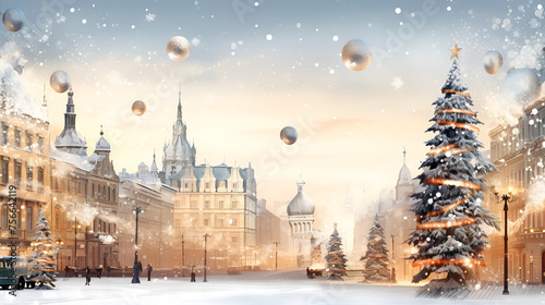 Snowy Town Square and Festive Decorations Merry Christmas Postcard winter landscape Christmas holiday background