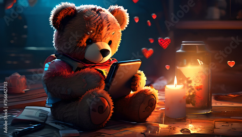 A teddy bear for Valentine's Day addicted to the phone. photo