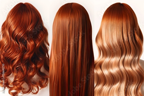 woman's vibrant red well-groomed curly locks and straightened, perfectly straight shiny well-groomed hair 