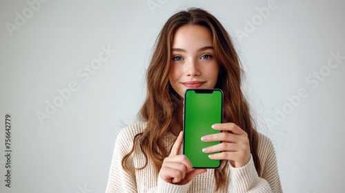 Photo of a teen girl holding up a phone with a green screen, white background  photo