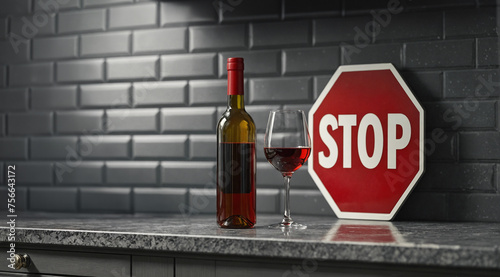 A bottle of alcohol and glass standing on kitchen counter with red Stop sign. Alcoholism awareness month