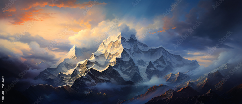 An expressive oil painting of a majestic mountain range - obrazy, fototapety, plakaty 