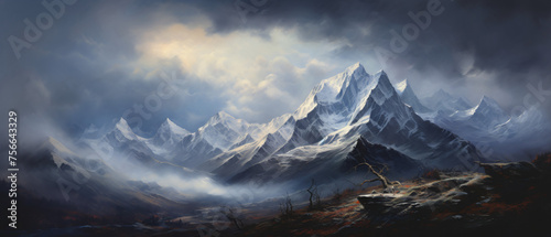 An expressive oil painting of a majestic mountain range © khan