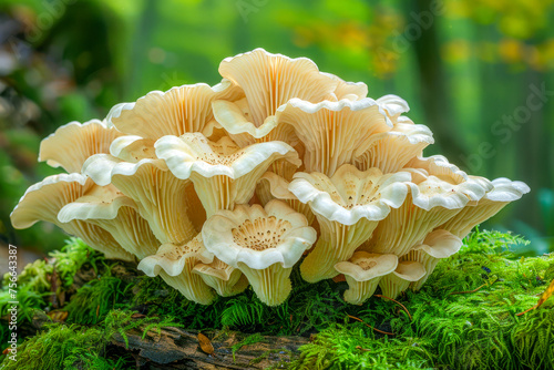 Enchanting Cluster of Wild Forest Mushrooms on a Mossy Log