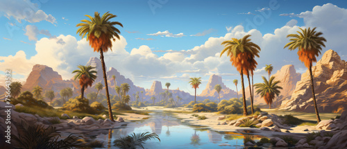 An oasis in a desert landscape with a beautiful array