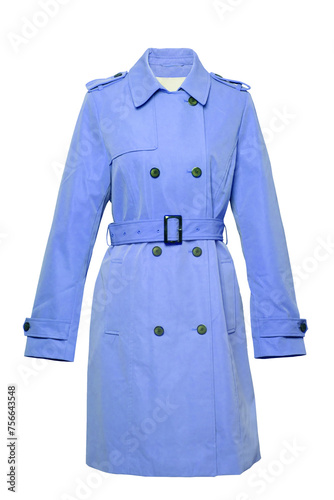 Woman trench coat. A luxurious and stylish elegant female light blue trench coat on mannequin isolated on a white background. Spring and summer fashion.