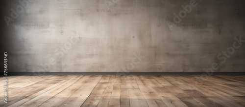 An empty room with hardwood flooring in brown wood stain  a concrete wall painted in grey  creating a rectangular pattern resembling a road surface