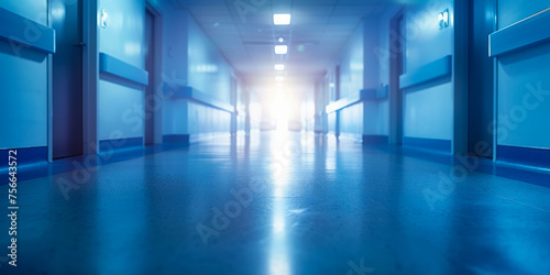 Low angle view of an empty hospital hallway, illuminated with soft blue lights, conveying a sense of calmness