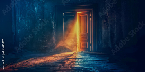 An eerie yet captivating scene of sunrays piercing through an open doorway of a desolate structure
