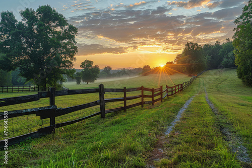 A breathtaking sunrise casts golden light over a serene countryside scene with a misty field and rustic fence