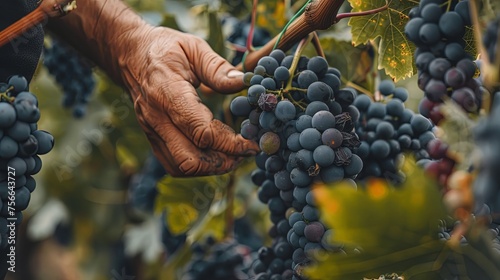 Closeup of woker hand picking ripe grapes from vineyard . photo