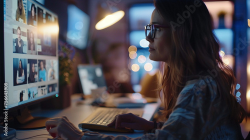 A woman working remotely from her home office, utilizing advanced digital tools to collaborate with her team in real-time. 8K -