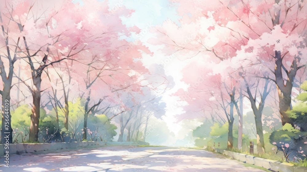 桜の並木道の水彩画_2