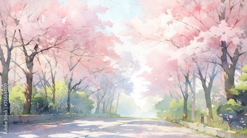 桜の並木道の水彩画_2