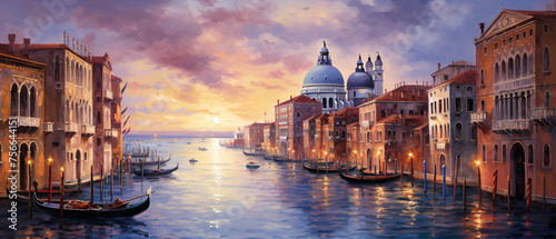 An oil painting of Venetian architecture and water photo