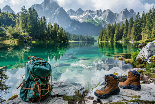 a tourist backpack and boots stand on a rock, on the shore of a mountain lake. close-up. The concept of recreation and tourism. A horizontal banner with space for text